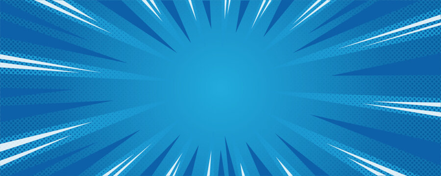 Sun rays blue background, starburst anime pop art cartoon or comic, dotted texture and explosion effect or sunburst, halftone gradient, fun and exciting template frame.