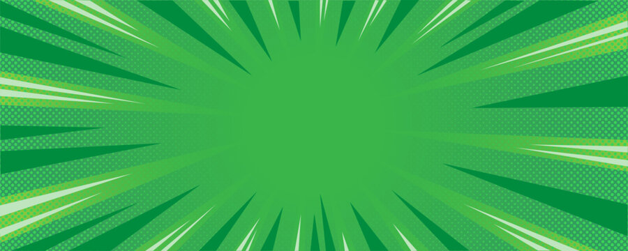 Sun rays green background, starburst anime pop art cartoon or comic, dotted texture and explosion effect or sunburst, halftone gradient, fun and exciting template frame.