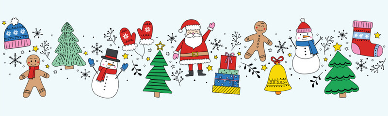 Christmas banner with hand drawn ornaments. Vector illustration