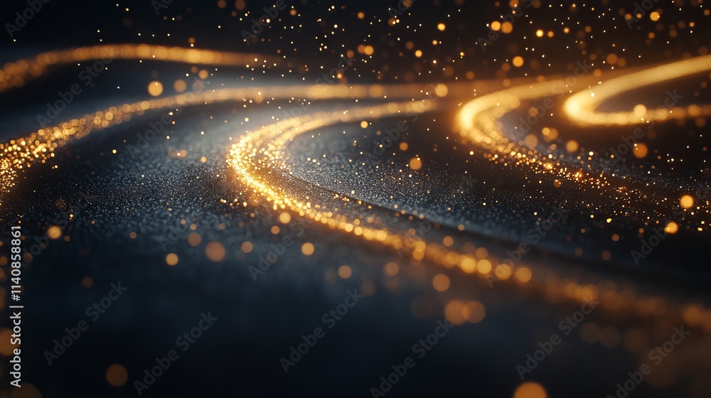 Poster magic gold dust trail with star shaped sparkles on dark transparent background. realistic vector ill