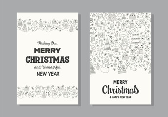 Colourful Christmas greeting cards set with cute hand drawn ornaments. Vector illustration