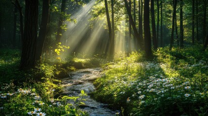 Obraz premium Sun rays illuminate a stream running through a dense forest with a field of wildflowers.