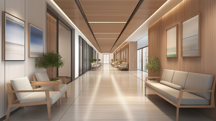 Fototapeta premium Empty corridor in modern hospital with waiting area and hospital bed in rooms.3d rendering
