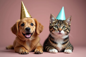 cute dogs cats wear party hats happy new