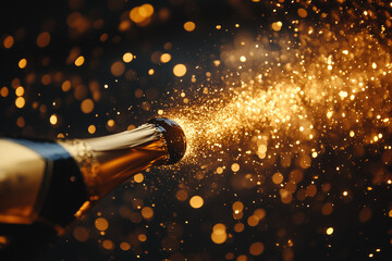 Sparkling Champagne Cork Explosion with Golden Bokeh and Confetti