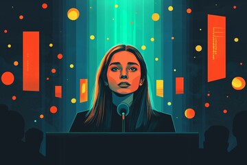 A powerful female icon delivering a speech, surrounded by vibrant colors. Celebrating strength and resilience for International Women's Day, this image represents empowerment.