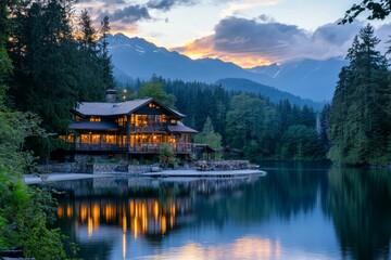 Fototapeta premium Lakeside lodge glows, sunset mountains reflect.