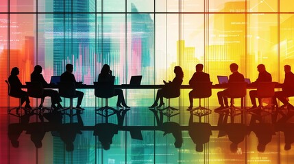 A diverse group of business representatives from various nations engaged in a collaborative discussion around a modern conference table. Laptops and digital displays show detailed economic graphs