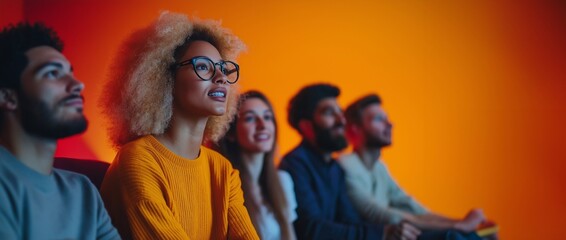 A mixed group of people watching a documentary on climate change, their expressions showing concern and motivation to take action. The bright colors, the atmosphere of engagement and awareness