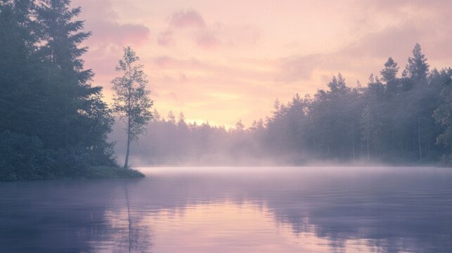 A misty sunrise over a still lake in the forest.  The morning mist creates a serene and ethereal atmosphere.
