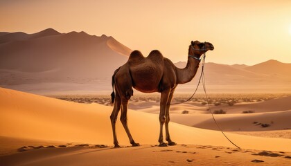 A camel gazing into the distance on a sunlit desert dune, with endless golden sands and a vibrant sunset creating a peaceful and dreamlike desert scenery.