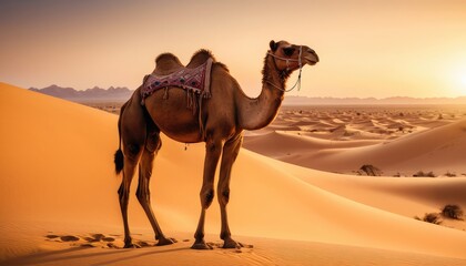 Silhouette of a camel in the desert at sunset, with rippling dunes stretching into the horizon, bathed in warm golden light that evokes serenity and timeless beauty