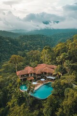 Fototapeta premium Jungle resort; pool, building, lush foliage.