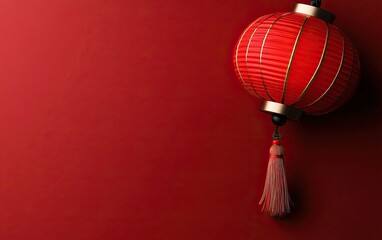 Obraz premium A vibrant red lantern hanging against a deep red background, symbolizing celebration and culture, often associated with festivals.