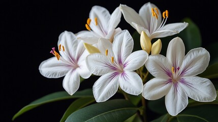 Fototapeta premium Close-up of five delicate white flowers with purple veins against a black background.