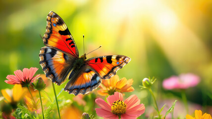 Obraz premium Field of colorful cosmos flower and butterfly in a meadow in nature in the rays of sunlight in summer in the spring close-up of a macro. A colorful artistic image with a soft focus, beautiful bokeh 