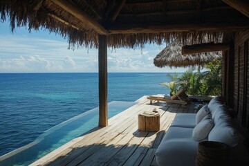 Oceanfront deck, infinity pool, thatched roof shelter, lounge seating.