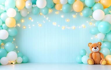 Obraz premium A cheerful backdrop featuring colorful balloons and a teddy bear, perfect for celebrations or children's events.