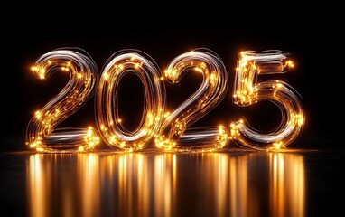 Bright, illuminated numbers "2025" on a reflective surface, symbolizing celebration and the New Year with a festive glow.