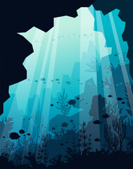 Vector illustration with underwater nature. Seascape with silhouette of coral reef, cave and school of fish on a blue ocean background. Flora and fauna of the sea.