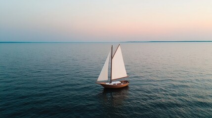 Fototapeta premium Path of beginning and start exploration, A serene sailboat glides over calm waters during a pastel sunrise, creating a tranquil and picturesque nautical scene.