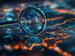 Analysiere Daten mit Lupe über einem digitalen Finanzdiagramm

