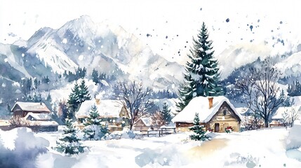 A Watercolor Painting of a Cozy Winter Village Nestled in the Snowy Mountains