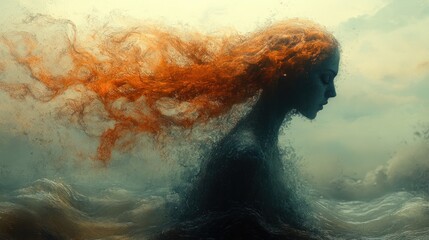 Woman's fiery hair dissolves in stormy sea.