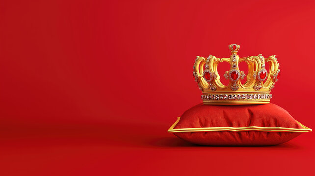Illustration of Royal golden crown with jewels on golden pillow on red background. Symbols of UK United Kingdom monarchy. Copy space on the left side of the frame. Generative AI