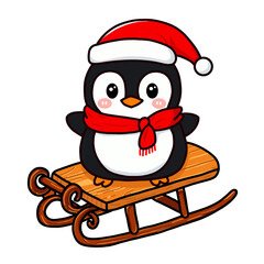 Cute Illustration Penguin on a Sledge Wearing Santa Hat and Scarf for Christmas