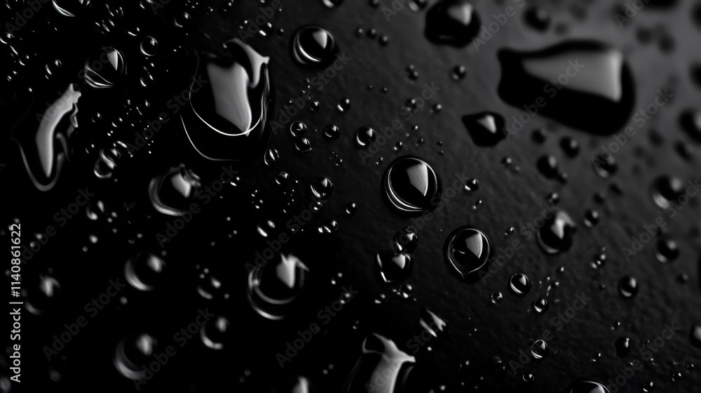 Poster close-up of water droplets on a black surface, creating a mesmerizing pattern of light and shadow