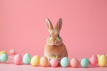 Happy Easter card with easter eggs garland and rabbit. Simple decoration. 