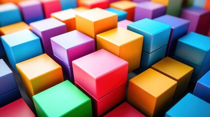 Obraz premium Colorful Cubes Abstract Art: A vibrant 3D rendering of stacked cubes in various colors, showcasing a dynamic and playful composition.