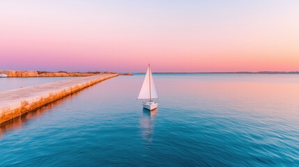 Path of beginning and start exploration, A serene sunset view over calm waters, featuring a lone sailboat navigating near a stone jetty, creating a tranquil atmosphere.