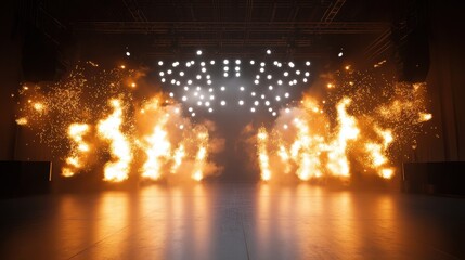 Fototapeta premium Stage with a dazzling display of pyrotechnics, featuring a circular arrangement of spotlights and a dramatic backdrop of smoke and fire