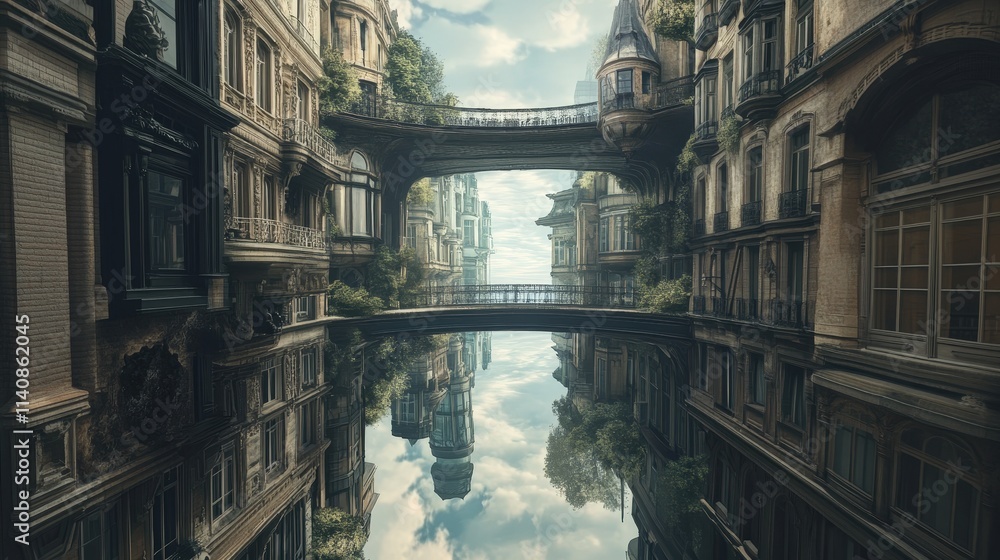 Poster parallel universe with distorted architecture and shifting pathways, where reality warps and alterna