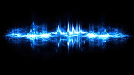 Symmetrical blue wave pattern, resembling an abstract representation of sound waves or energy, set against a dark background