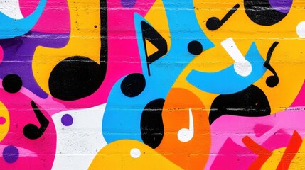 Vibrant and abstract mural featuring musical notes and shapes, showcasing a playful and energetic style