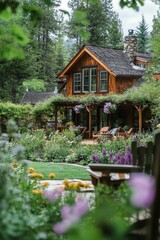 Naklejka premium Wooden house, lush garden, blooming flowers, tranquil scene.