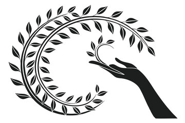 Design a circular logo where a hand at the base transitions into a curved vine that spirals outward, forming multiple tiny leaves. The logo should include subtle gradients on the leaves for a fresh