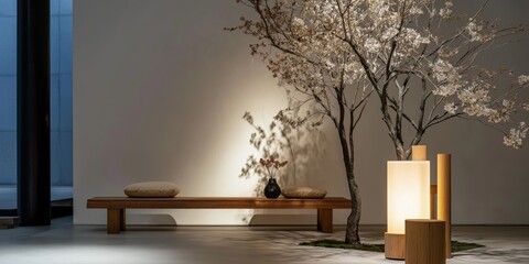 A serene setting with a minimalist bench, a beautifully lit tree, and soft lighting creating a calm ambiance.