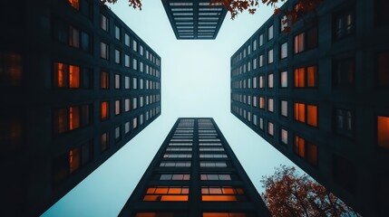 A captivating upward perspective of towering buildings with glowing orange windows, set against a stunning blue sky, highlighting urban architecture and modern design.