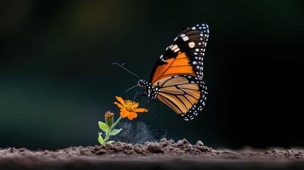 Fototapeta premium A monarch butterfly is delicately perched on a small, vibrant orange flower, showcasing the beauty and fragility of nature amidst a soft, dark background.