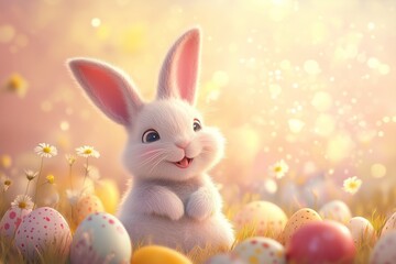 Illustration of a happy easter bunny and eggs. (Generative AI)