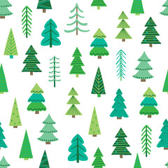 Colourful Christmas seamless pattern with cartoon trees. Wallpaper design. Vector illustration