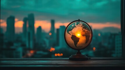 A glowing globe against a city skyline backdrop at sunset, symbolizing global interconnectedness, travel, and exploration opportunities in a modern urban landscape.