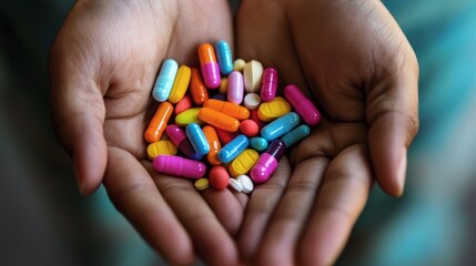 Two hands show a pile of pills of different colors in their palms
