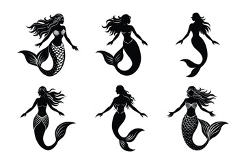Set of Mermaid vector silhouettes illustration