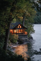 Fototapeta premium Lakeside cabin glows, nestled in wooded waterfront.