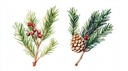 Fototapeta premium Watercolor Pine Sprigs and Berries: A Festive Botanical Illustration